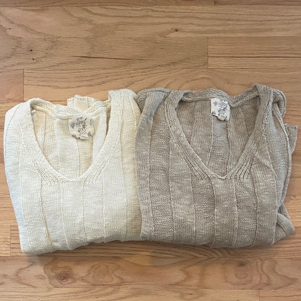 Hippie Rose V-Neck Sweaters- Cream and Tan lot of 2